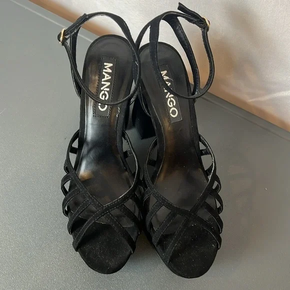 Mango Black Strappy Platform Heels Size 39 (US 8.5) Ankle Cuff Peep Toe - Picture 10 of 14